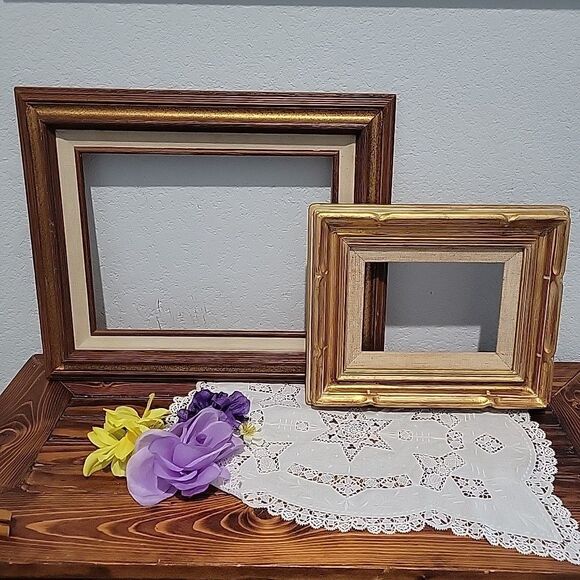 Pair Vtg MCM Wood Art Frames Linen Liner holds 9x12 & 5 x7 no glass Gallery Wall - Picture 12 of 15